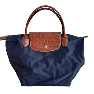 Longchamp Le Pliage Small Top Handle Handbag navy blue canvas brown leather